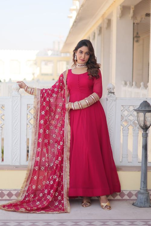 Picture of Marvelous Faux Blooming Pink Readymade Gown With Dupatta