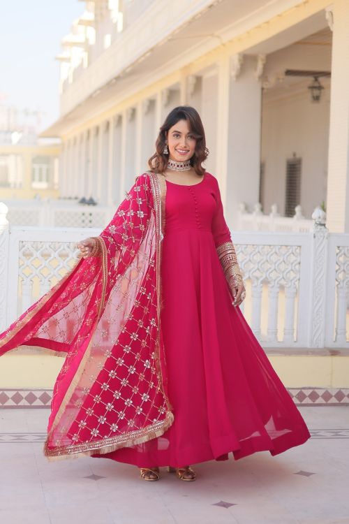 Picture of Marvelous Faux Blooming Pink Readymade Gown With Dupatta
