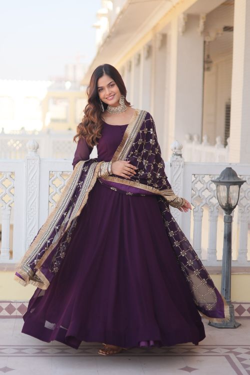 Picture of Grand Faux Blooming Purple  Readymade Gown With Dupatta
