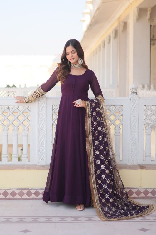 Picture of Grand Faux Blooming Purple  Readymade Gown With Dupatta