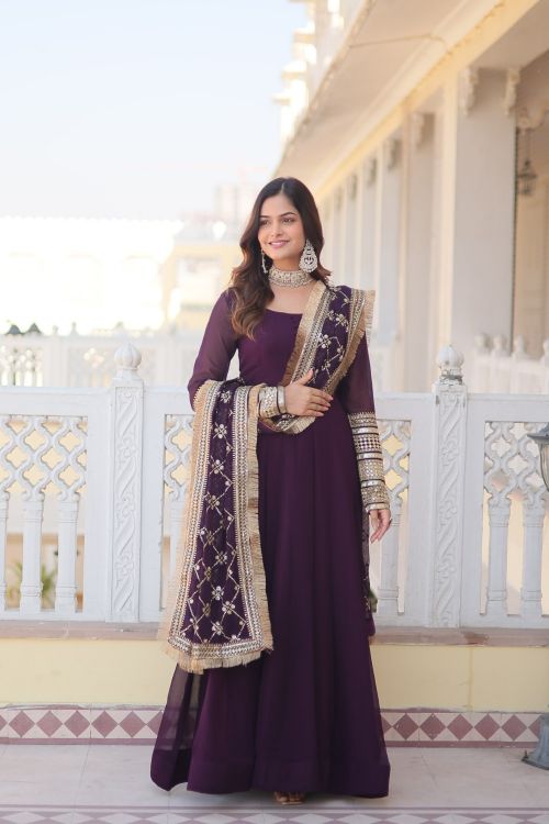 Picture of Grand Faux Blooming Purple  Readymade Gown With Dupatta