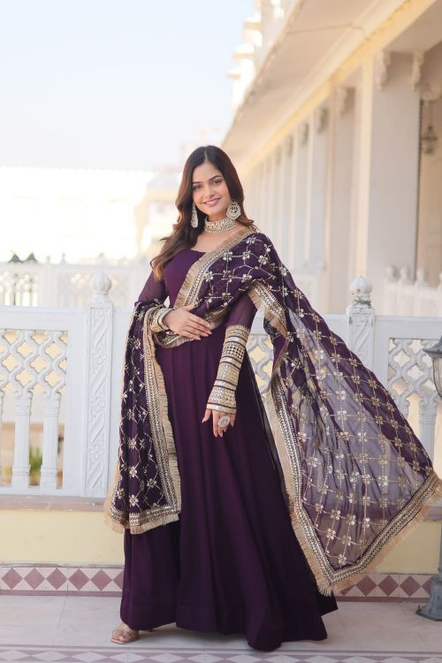 Picture of Grand Faux Blooming Purple  Readymade Gown With Dupatta