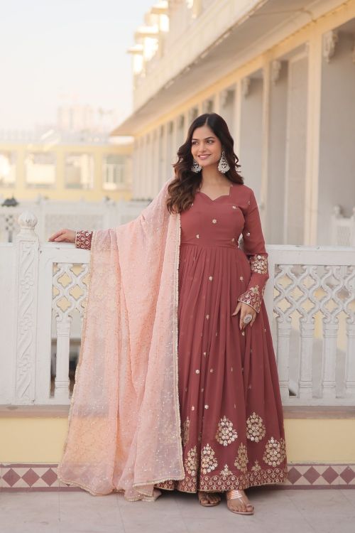 Picture of Stunning Faux Georgette Brown Readymade Gown With Dupatta