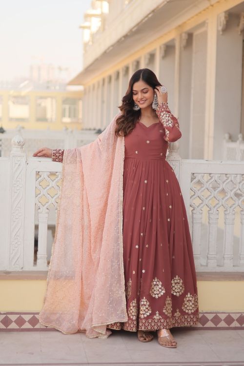 Picture of Stunning Faux Georgette Brown Readymade Gown With Dupatta