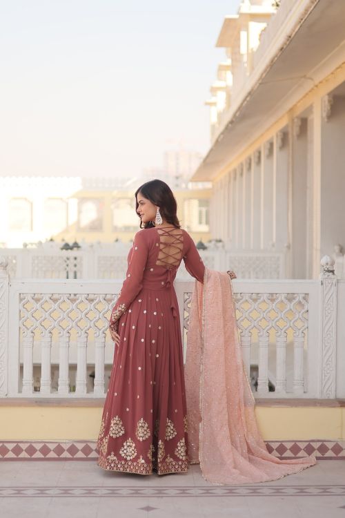 Picture of Stunning Faux Georgette Brown Readymade Gown With Dupatta