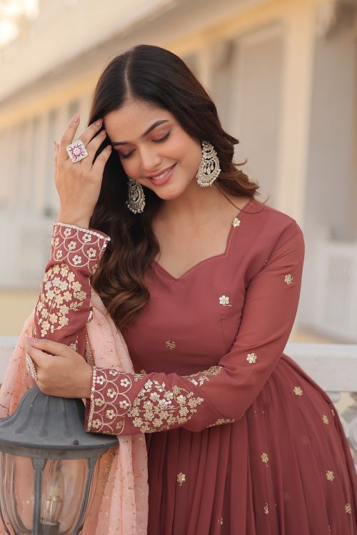 Picture of Stunning Faux Georgette Brown Readymade Gown With Dupatta