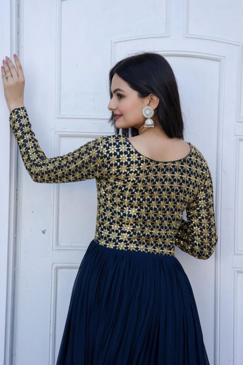 Picture of Enticing Faux Blooming Navy Blue Gown