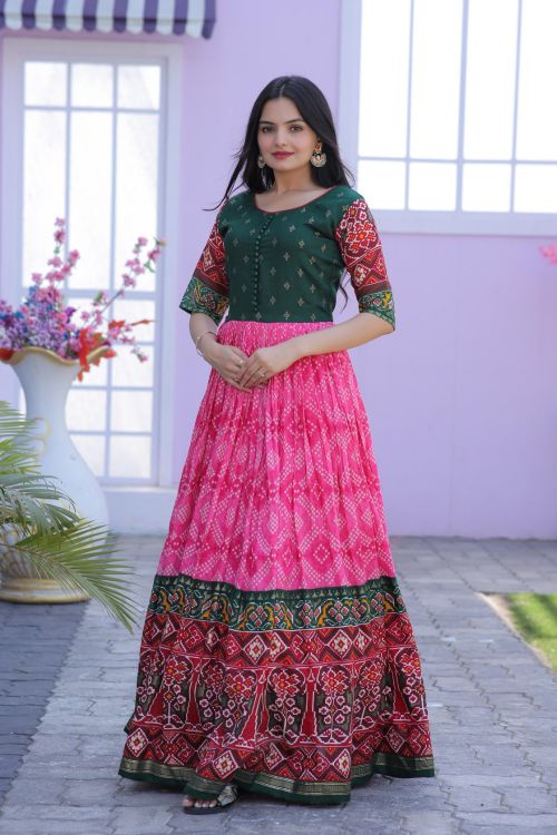 Picture of Admirable Dola Silk Green & Pink Readymade Gown