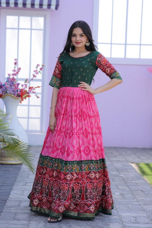 Picture of Admirable Dola Silk Green & Pink Readymade Gown