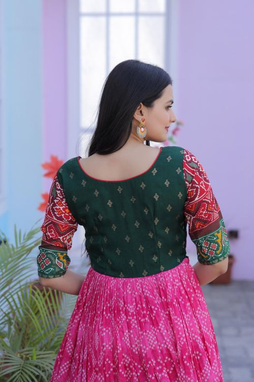 Picture of Admirable Dola Silk Green & Pink Readymade Gown