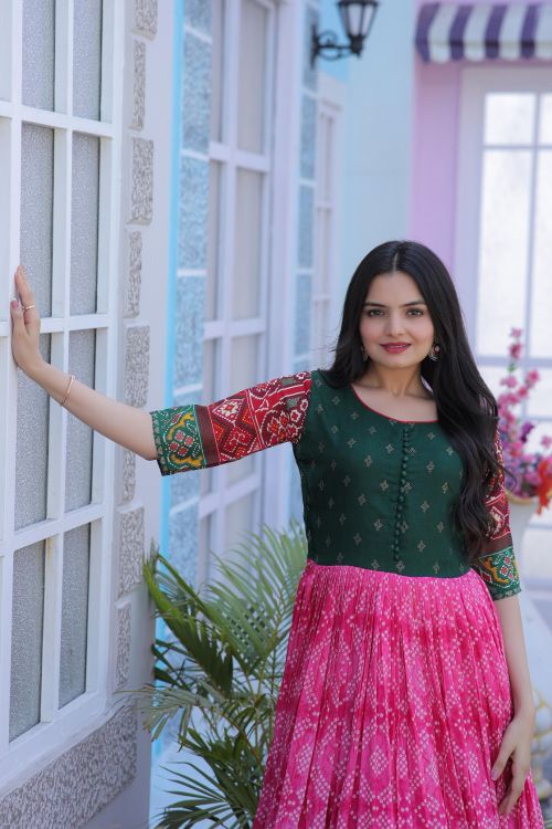 Picture of Admirable Dola Silk Green & Pink Readymade Gown