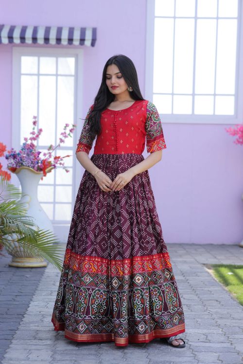Picture of Pleasing Dola Silk Red & Purple Readymade Gown
