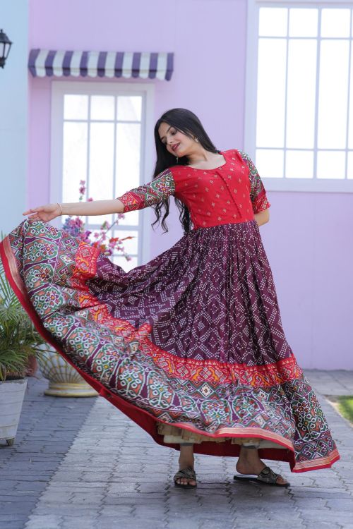 Picture of Pleasing Dola Silk Red & Purple Readymade Gown