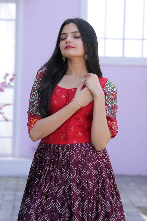 Picture of Pleasing Dola Silk Red & Purple Readymade Gown