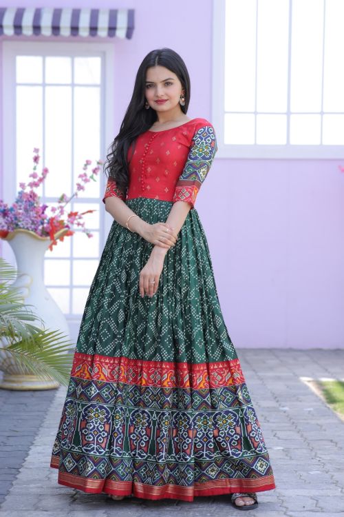 Picture of Elegant Dola Silk Red & Green Readymade Gown