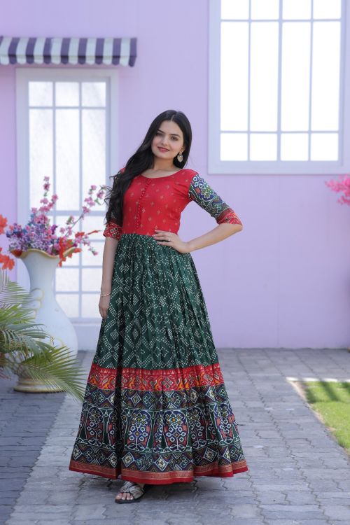 Picture of Elegant Dola Silk Red & Green Readymade Gown