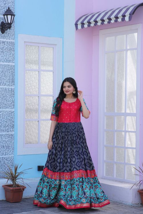 Picture of Pleasing Dola Silk Pink & Navy Blue Readymade Gown