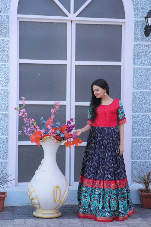 Picture of Pleasing Dola Silk Pink & Navy Blue Readymade Gown