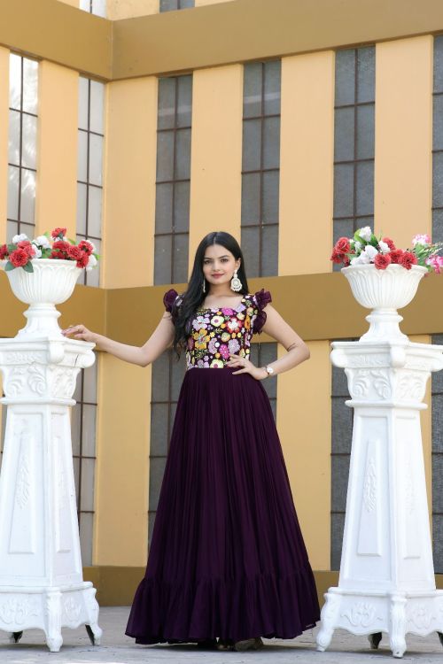Picture of Wonderful Faux Blooming Wine Readymade Gown