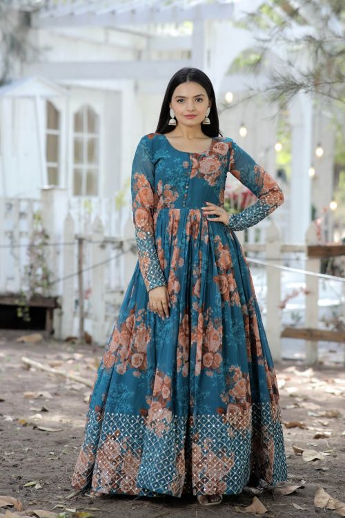 Picture of Stunning Georgette Printed With Embroidery Readymade Gown