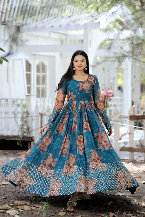 Picture of Stunning Georgette Printed With Embroidery Readymade Gown