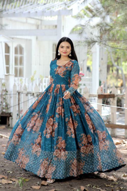 Picture of Stunning Georgette Printed With Embroidery Readymade Gown