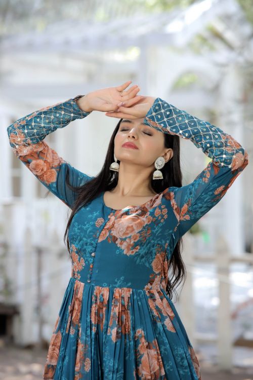 Picture of Stunning Georgette Printed With Embroidery Readymade Gown