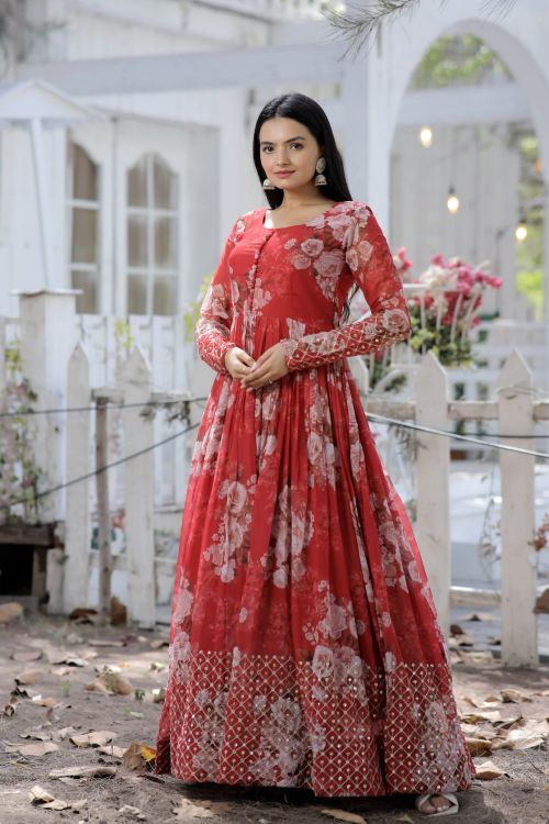 Picture of Pretty Georgette Printed With Embroidery Readymade Gown