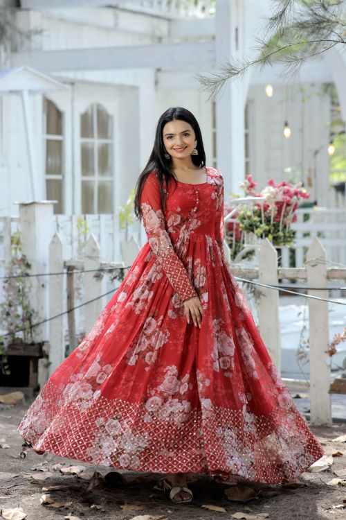 Picture of Pretty Georgette Printed With Embroidery Readymade Gown