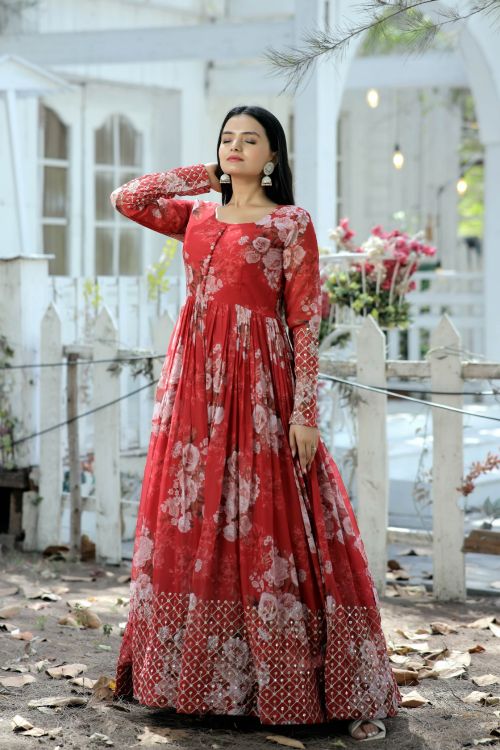 Picture of Pretty Georgette Printed With Embroidery Readymade Gown