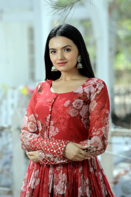 Picture of Pretty Georgette Printed With Embroidery Readymade Gown