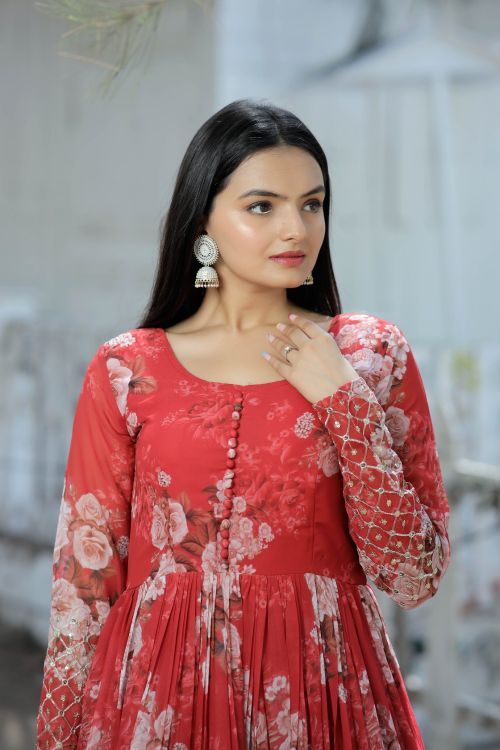 Picture of Pretty Georgette Printed With Embroidery Readymade Gown