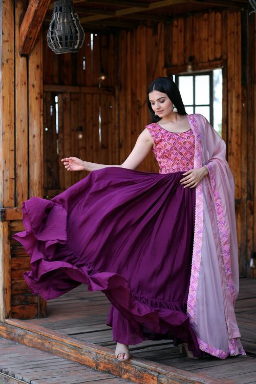 Picture of Ideal Chiffon Pink Readymade Gown With Dupatta