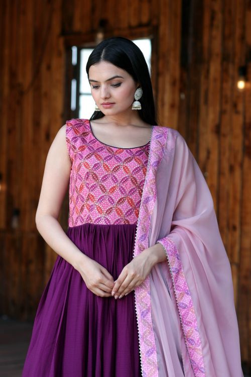 Picture of Ideal Chiffon Pink Readymade Gown With Dupatta