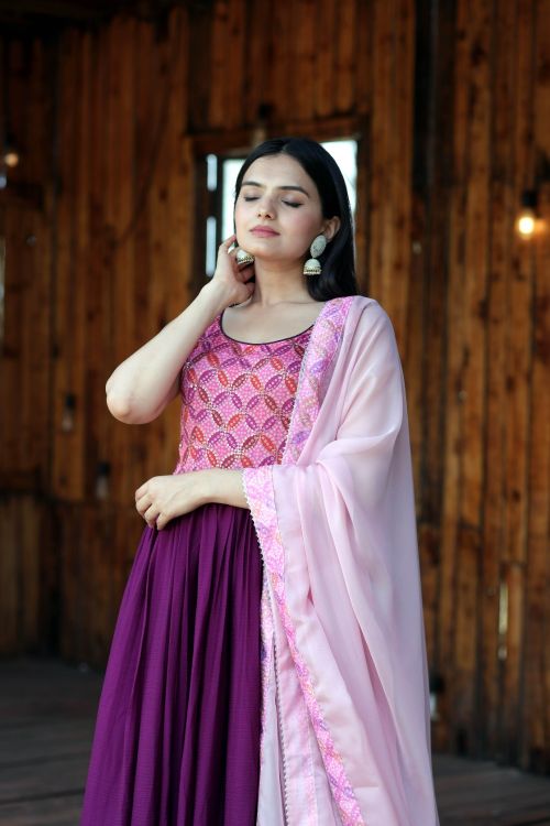 Picture of Ideal Chiffon Pink Readymade Gown With Dupatta