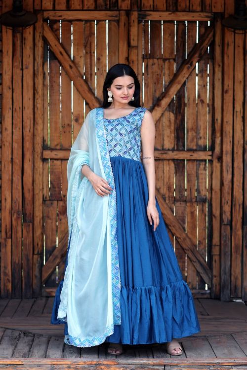 Picture of Pretty Chiffon Blue Readymade Gown With Dupatta