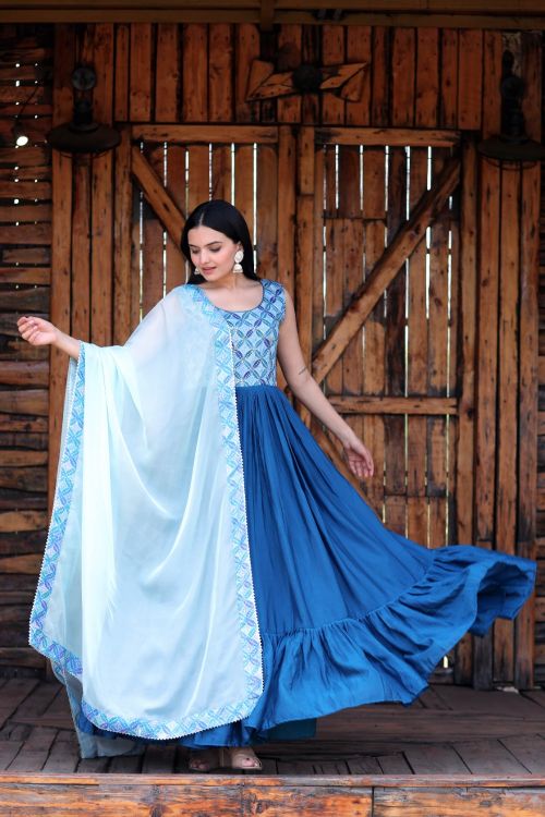 Picture of Pretty Chiffon Blue Readymade Gown With Dupatta
