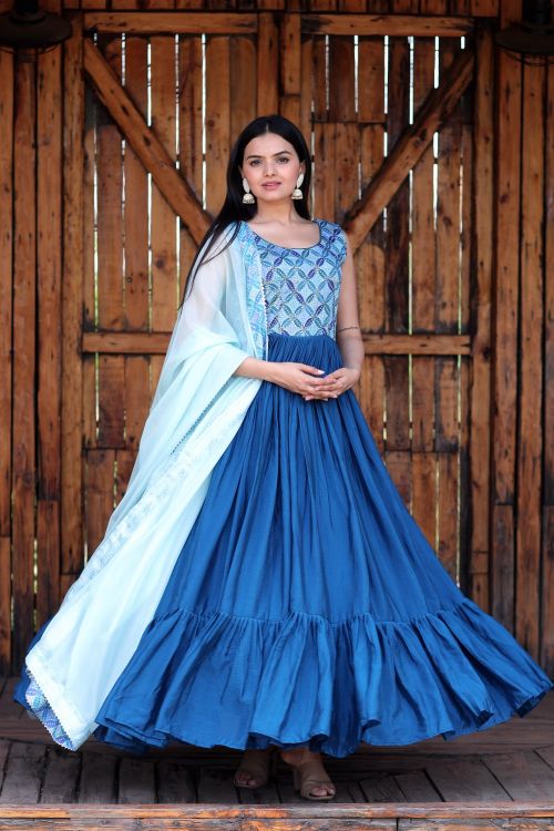 Picture of Pretty Chiffon Blue Readymade Gown With Dupatta