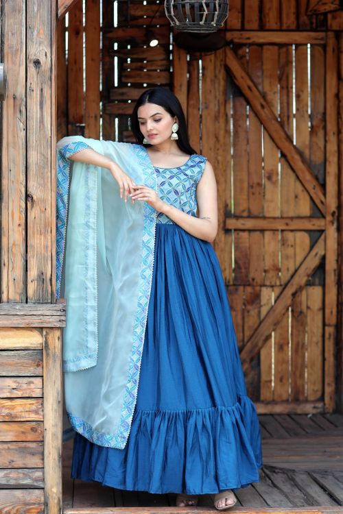 Picture of Pretty Chiffon Blue Readymade Gown With Dupatta