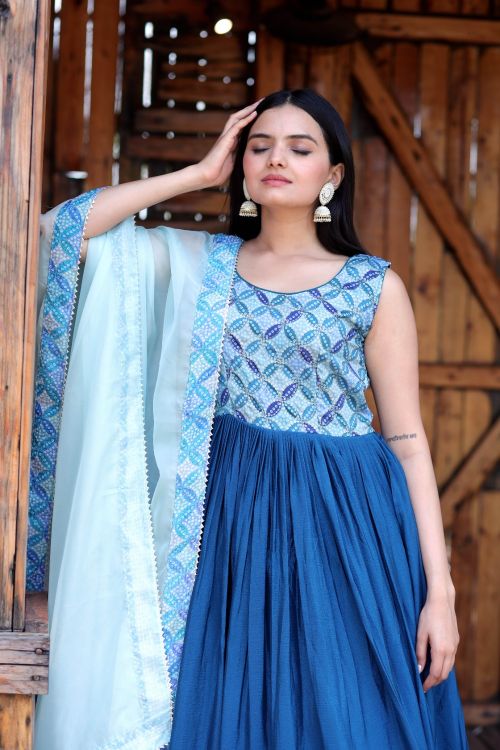 Picture of Pretty Chiffon Blue Readymade Gown With Dupatta