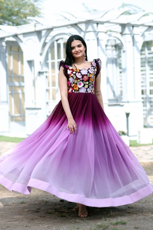 Picture of Pleasing Faux Blooming Purple Readymade Gown