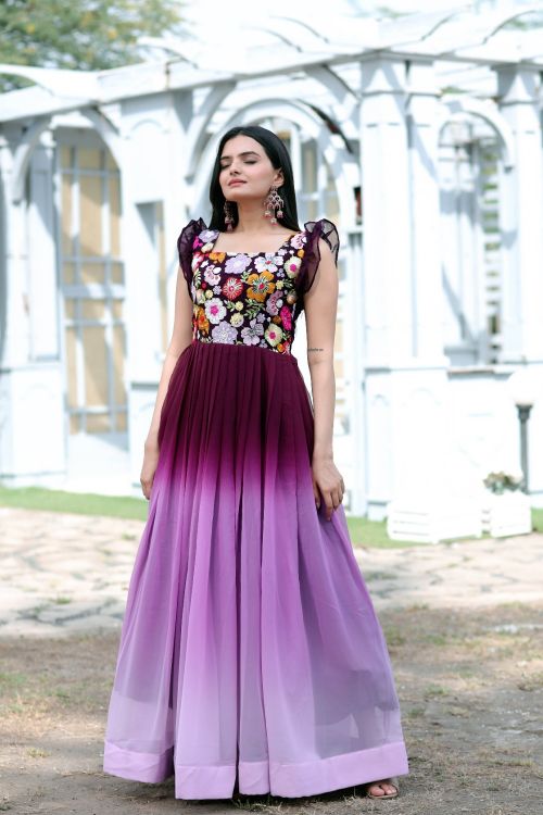 Picture of Pleasing Faux Blooming Purple Readymade Gown