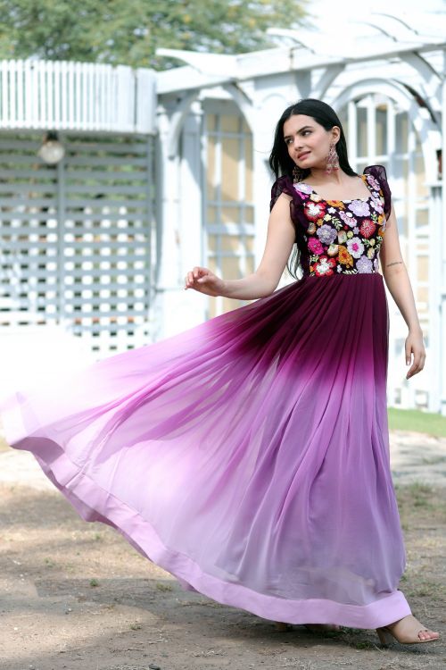 Picture of Pleasing Faux Blooming Purple Readymade Gown
