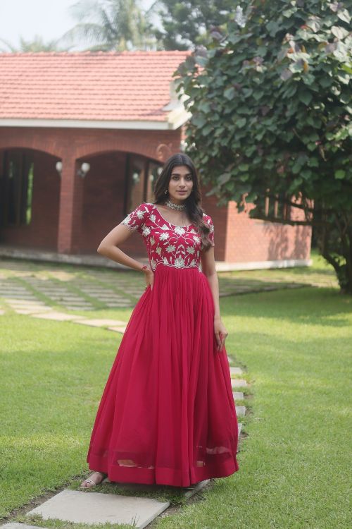 Picture of Appealing Faux Blooming Deep Pink Readymade Gown