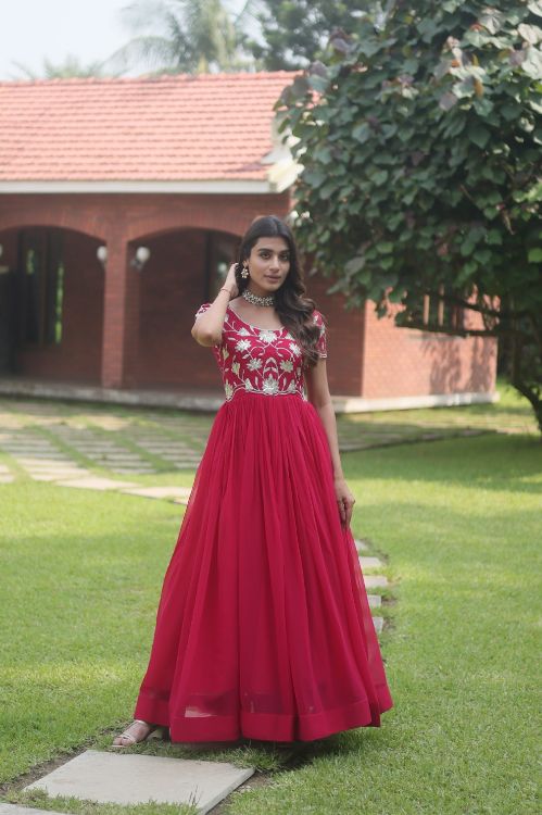 Picture of Appealing Faux Blooming Deep Pink Readymade Gown