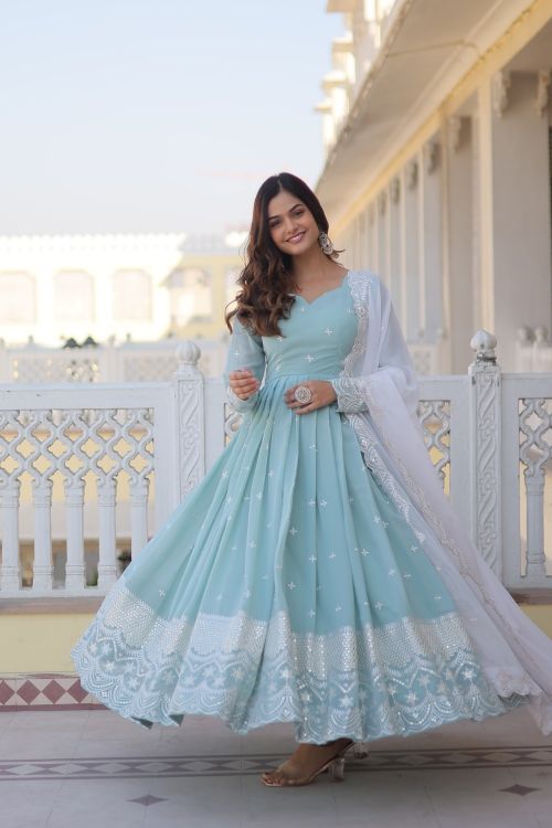 Picture of Shapely Georgette Light Sky Blue Readymade Gown With Dupatta