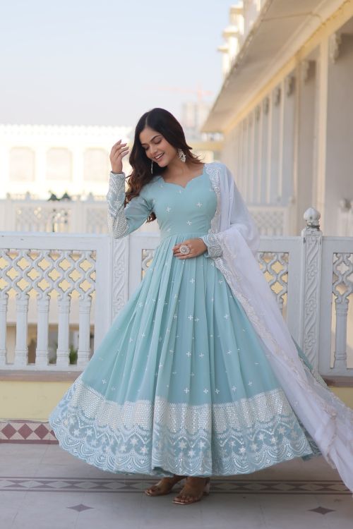 Picture of Shapely Georgette Light Sky Blue Readymade Gown With Dupatta