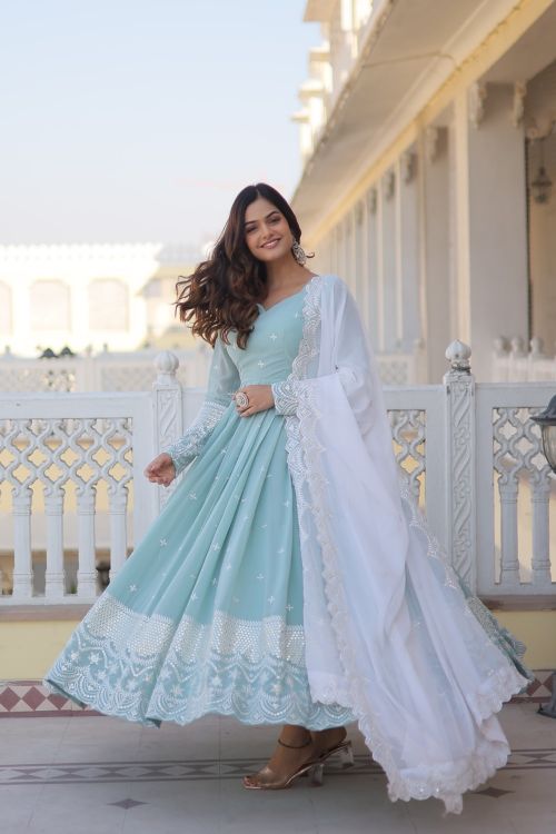 Picture of Shapely Georgette Light Sky Blue Readymade Gown With Dupatta