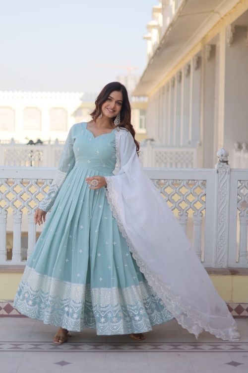 Picture of Shapely Georgette Light Sky Blue Readymade Gown With Dupatta