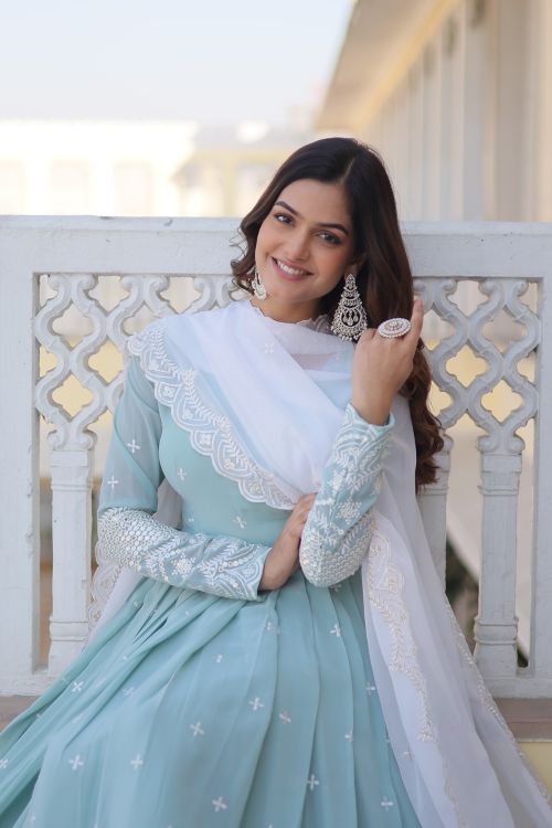 Picture of Shapely Georgette Light Sky Blue Readymade Gown With Dupatta